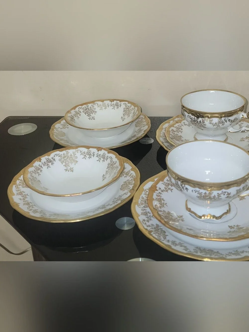 VINTAGE WEIMAR White and Gold Porcelain Teacup and Saucer Set 20 PIECES